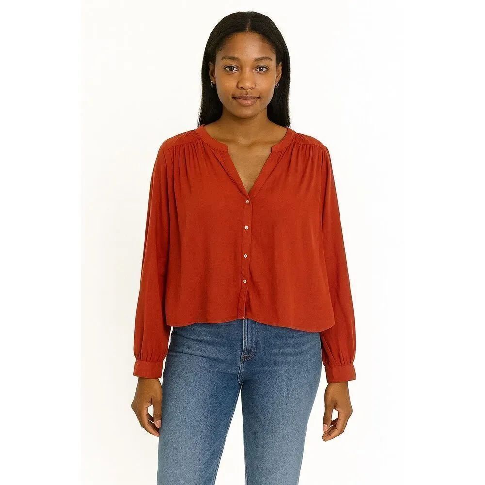 Loft cotton orange cropped button front blouse small